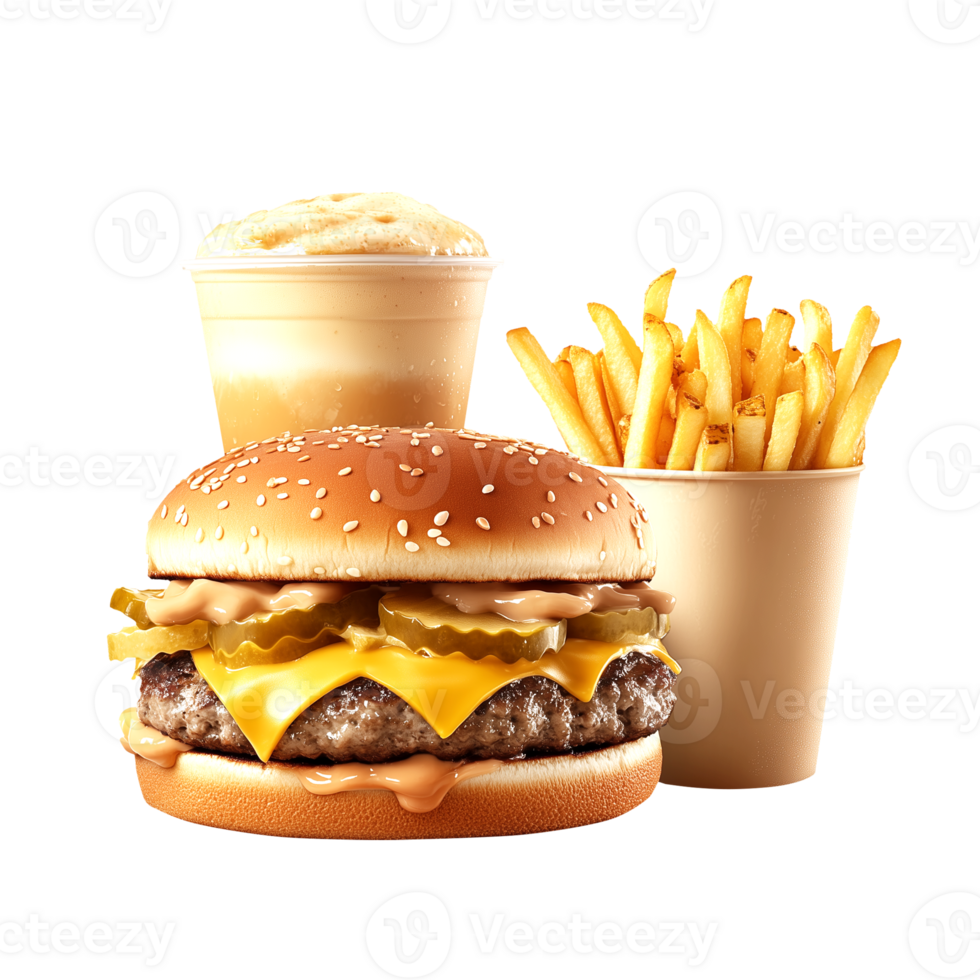 A hamburger, fries, and a drink on a transparent background png