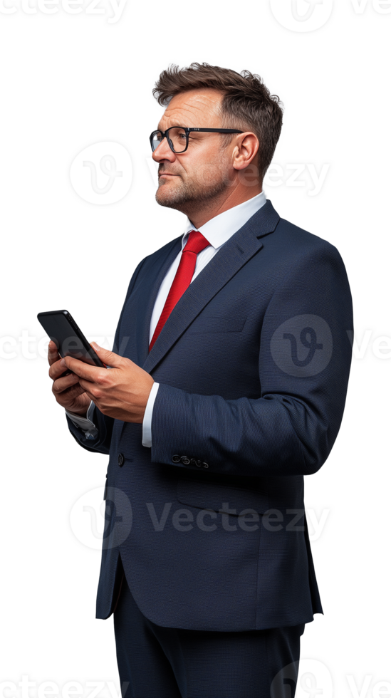 Businessman in suit holding smartphone on transparent background png