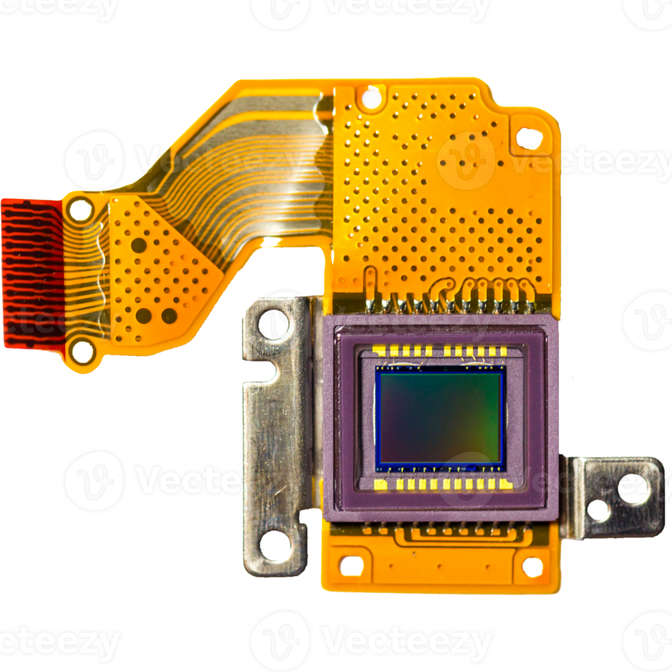 Image sensor in camera and Microprocessor isolated on a transparent background. Computer processor close-up. png