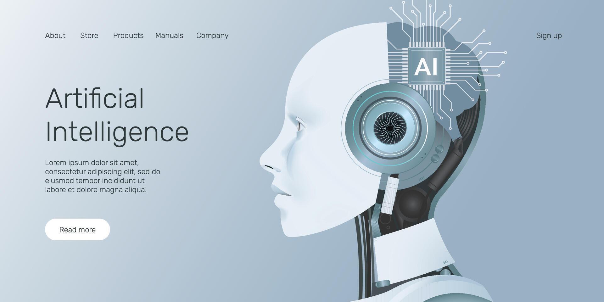 Web banner with AI robot, processor brain, technology, machine learning, neural network, Artificial Intelligence AI landing page concept. vector