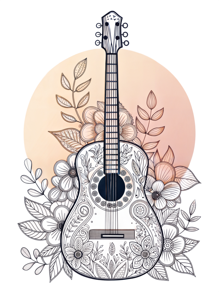 An illustration of a guitar with flowers and leaves png