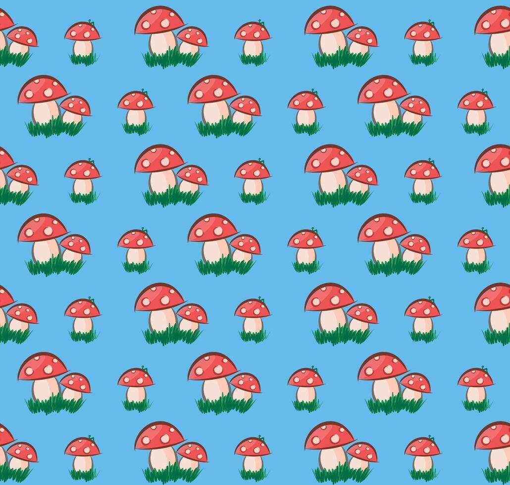 A seamless blue background with red forest mushrooms. vector