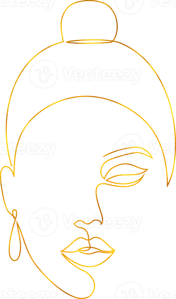 Woman face in line art style with golden foil effect. png