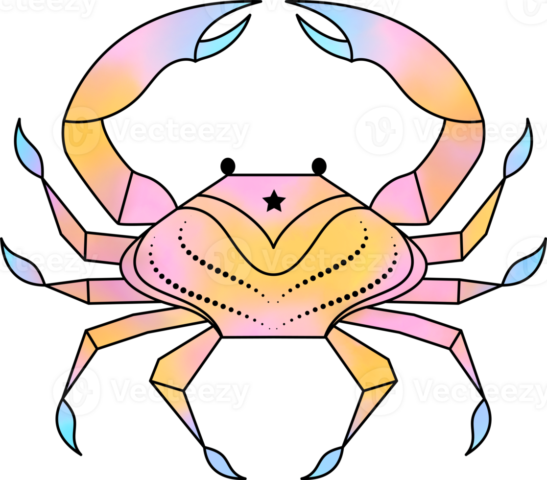 Cancer zodiac sign in line art style with digital watercolor effect. png