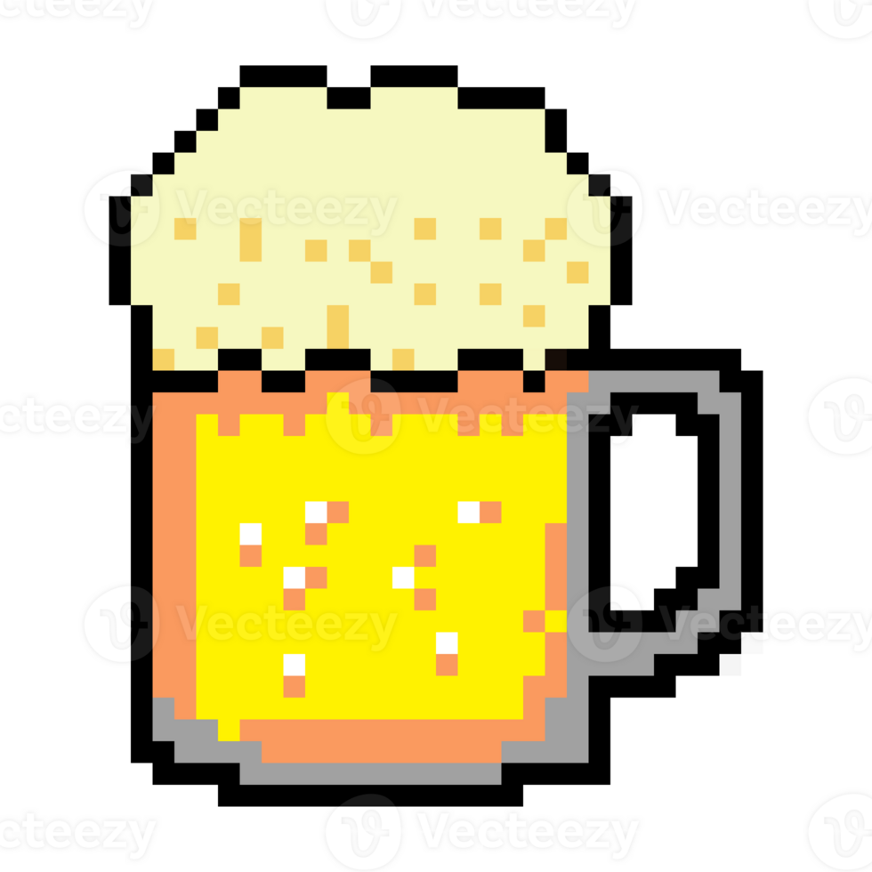 Isolated pixel art of a huge mug full of tasty fresh beer, with a lot of foam overflowing from it. png
