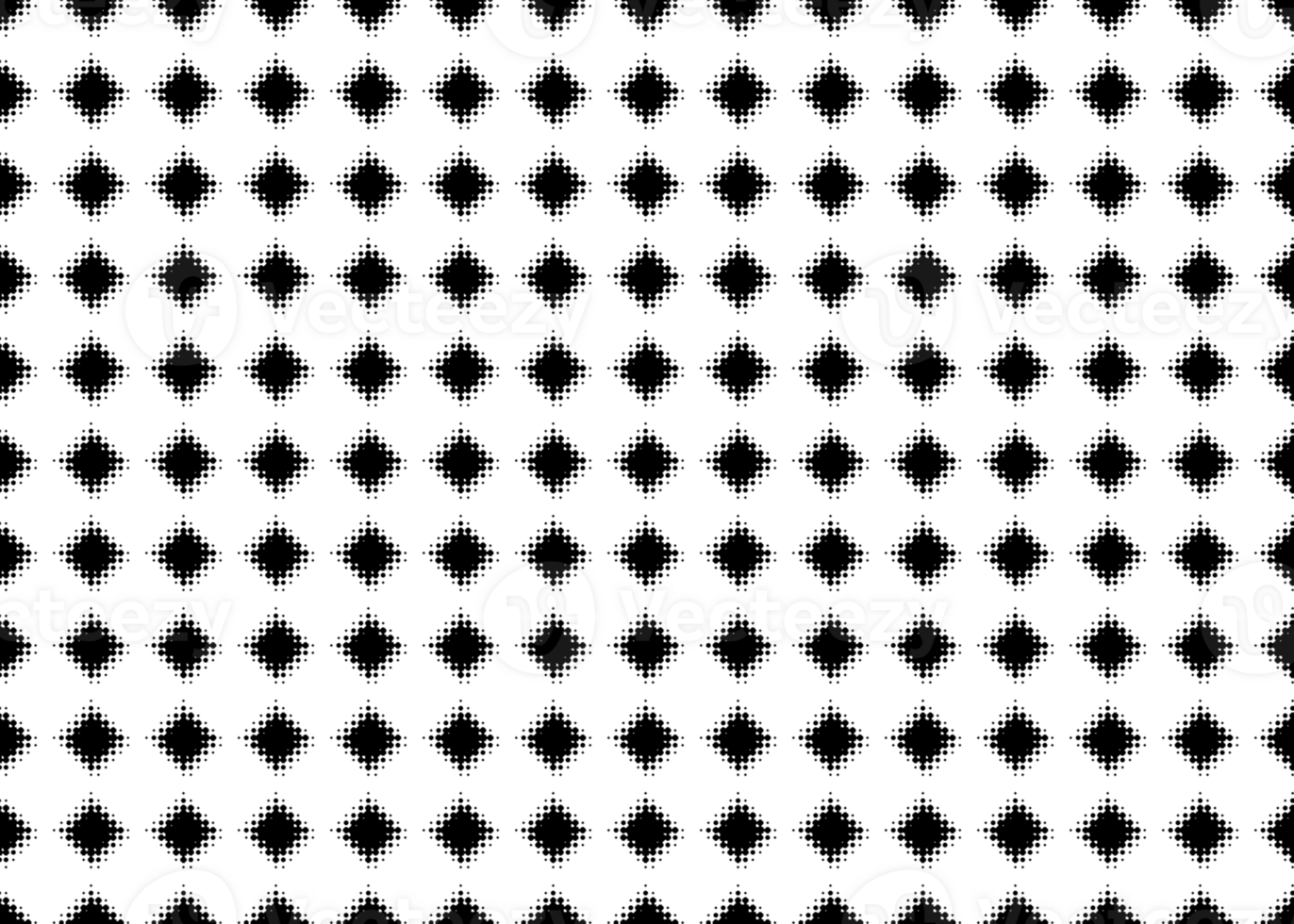 Seamless isolated black pattern featuring diamond-shaped halftone dots. Geometric design creates optical illusion of depth and texture against a stark white background. png