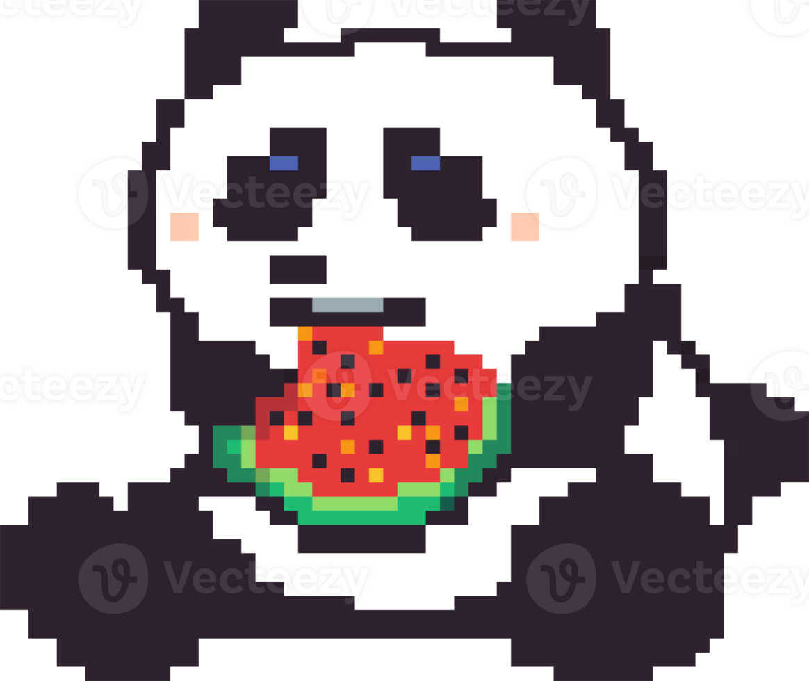 Isolated pixel art 8 bit blocks, a cute panda eating a slice of red ripe watermelon. Funny illustration. png