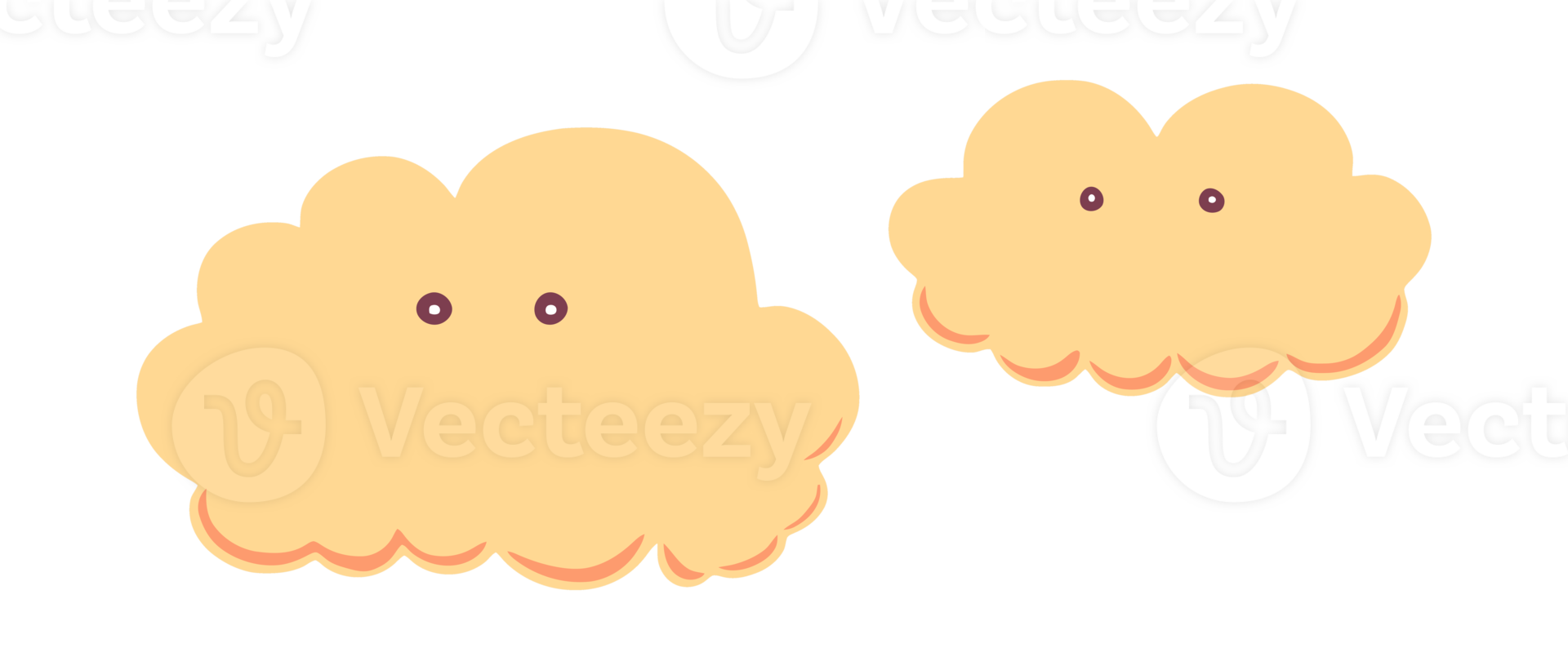Two isolated clouds, a small and a big one, with eyes but no expression. png