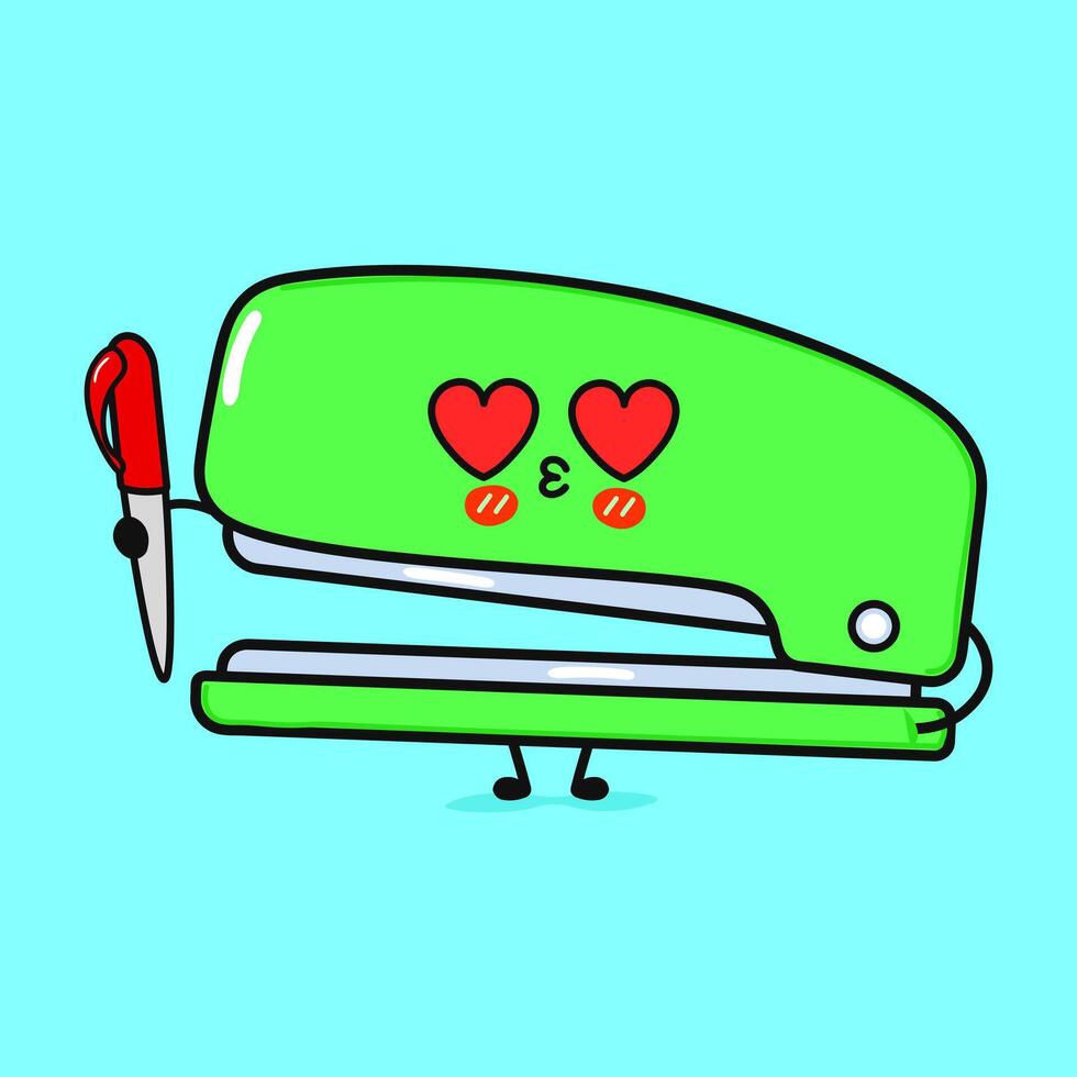 Stapler in love character. hand drawn cartoon kawaii character illustration icon. Isolated on blue background. Stapler character concept vector