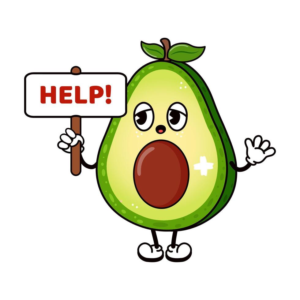 Cute Avocado with an inscription help character. hand drawn Avocado character illustration. Isolated white background vector