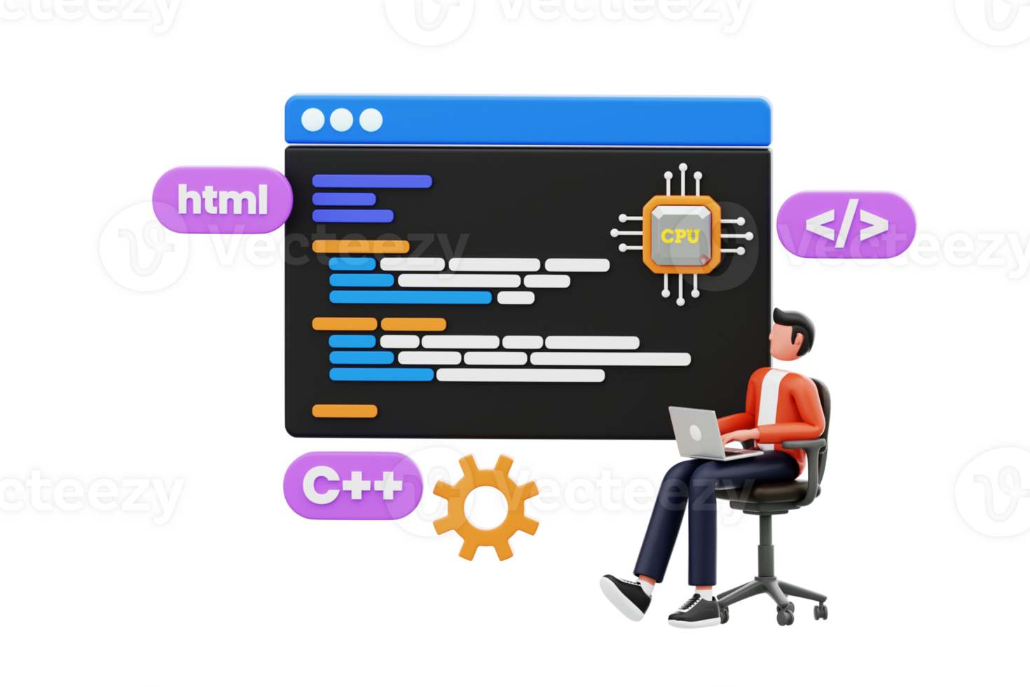 Professional programmer writing code for testing computer software 3d illustration. Male Programmer 3D Illustration png