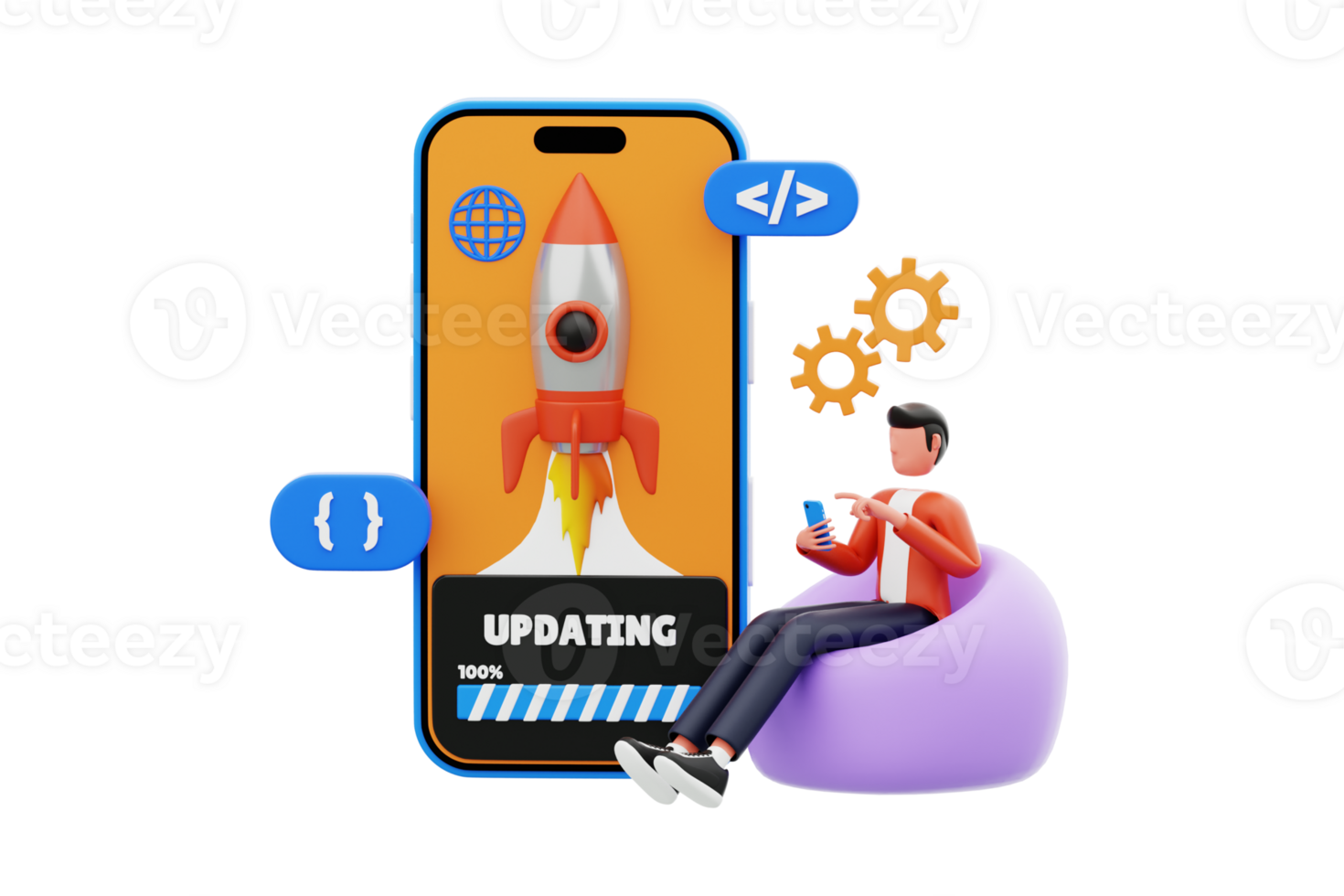 Application developer working on project 3d illustration. Male mobile application developer 3d illustration png