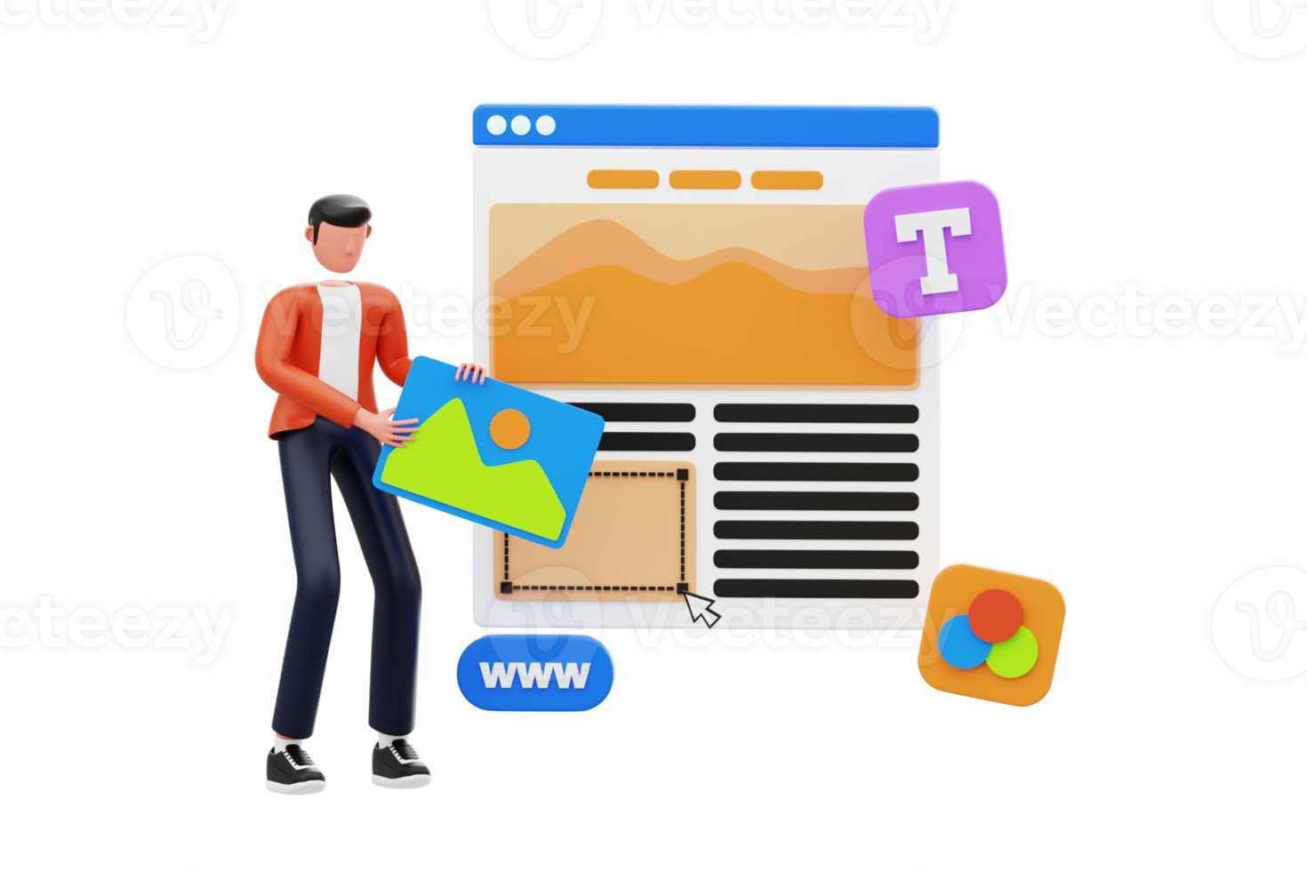 Web Designer 3D Illustration. Web Designer Working on Landing Page Design 3D Illustration png