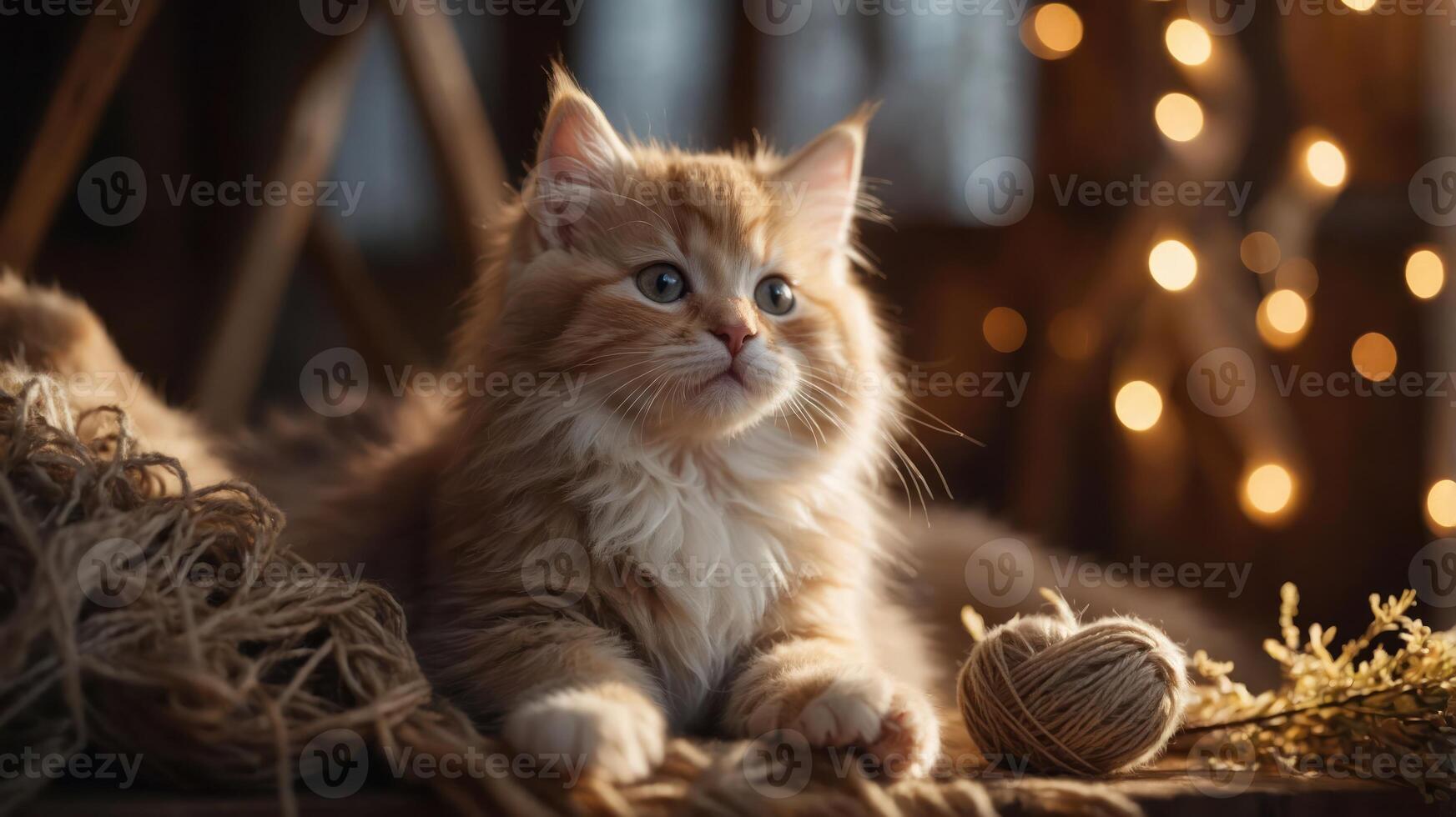 A fluffy orange cat gazes thoughtfully, surrounded by warm lighting and natural textures. photo