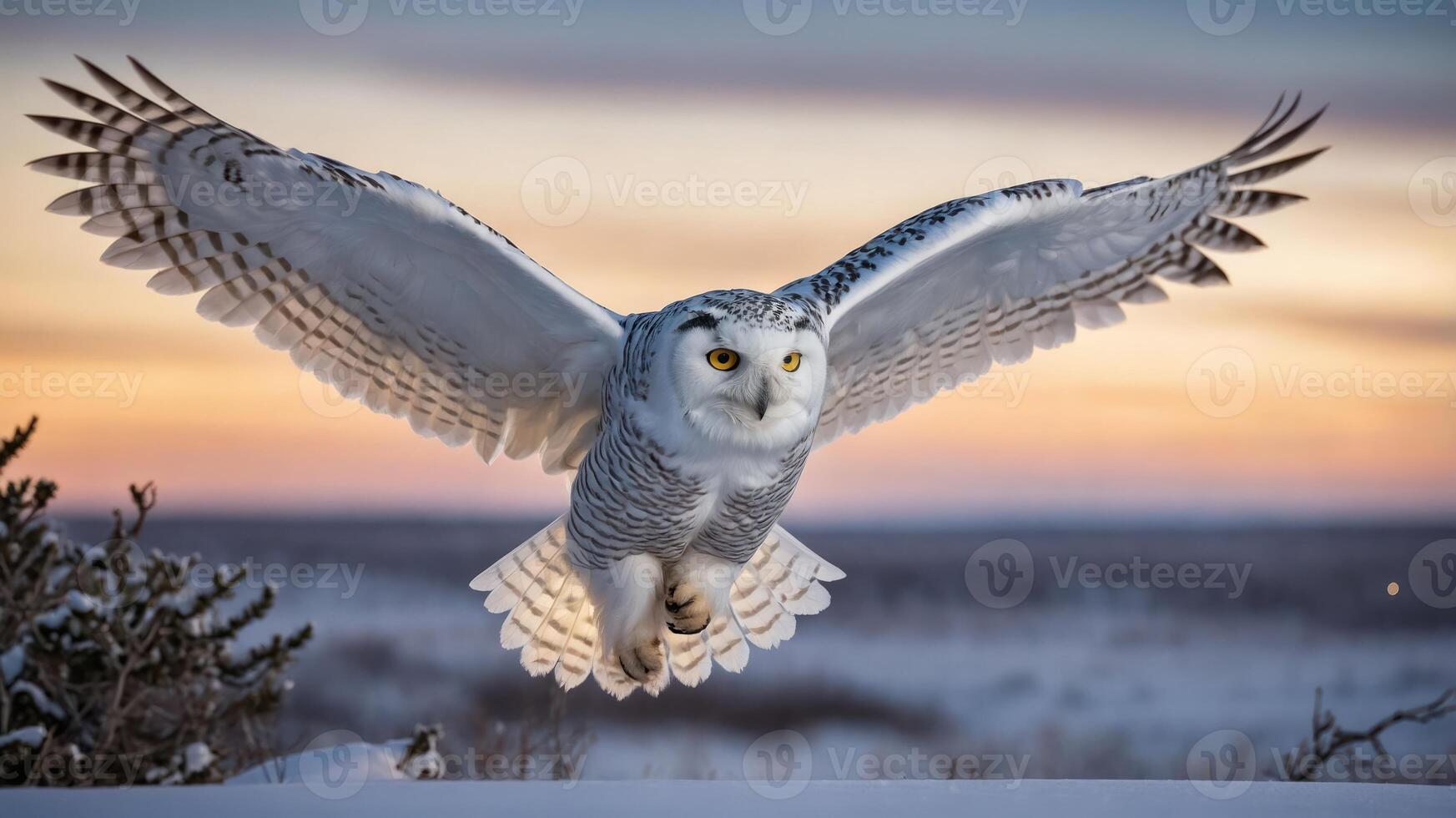 A snowy owl in flight against a colorful sunset backdrop, showcasing nature's beauty. photo
