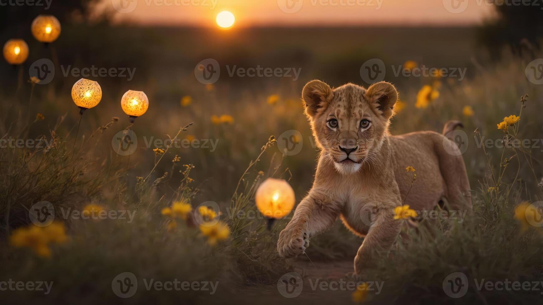 A playful lion cub running through a field of flowers at sunset, creating a magical atmosphere. photo