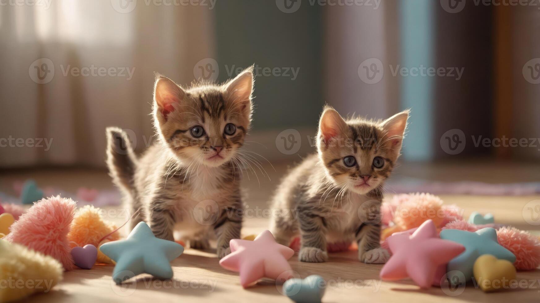 Two playful kittens surrounded by colorful toys in a bright setting. photo