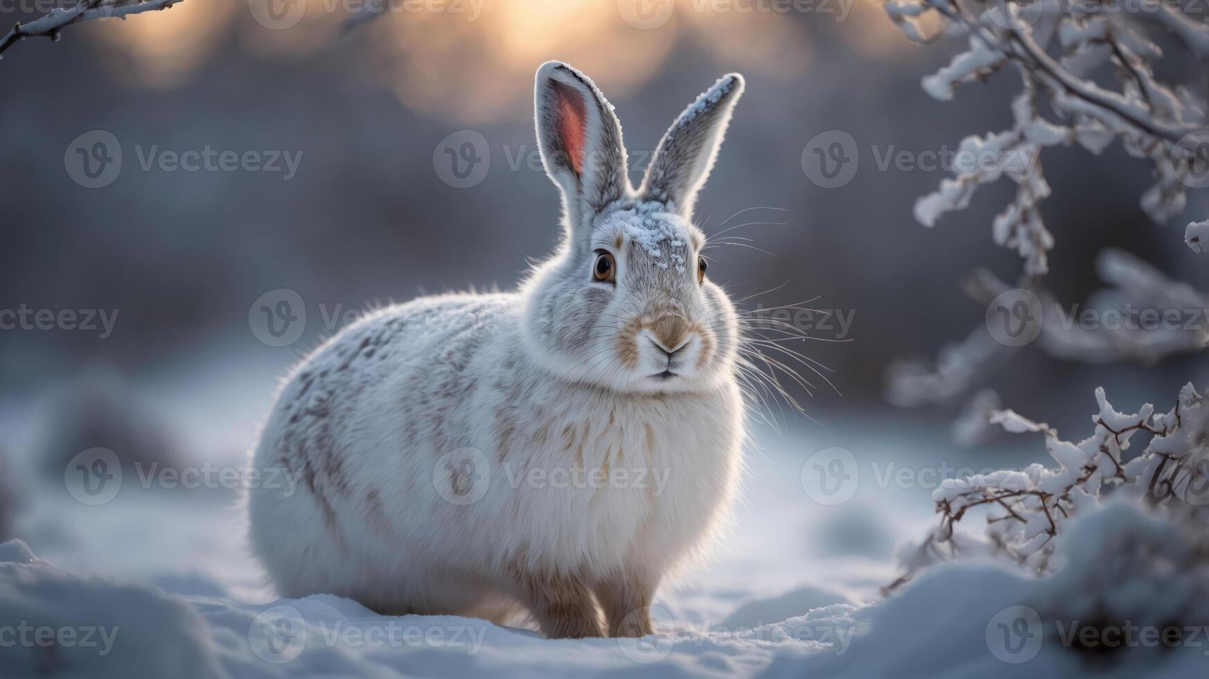 A serene white rabbit in a snowy landscape during twilight. photo