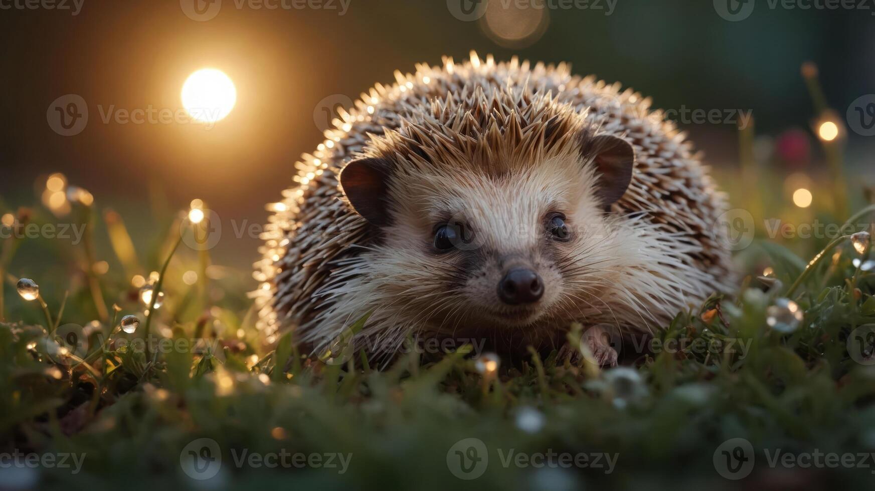 A close-up of a hedgehog in a grassy setting with a soft glow in the background. photo