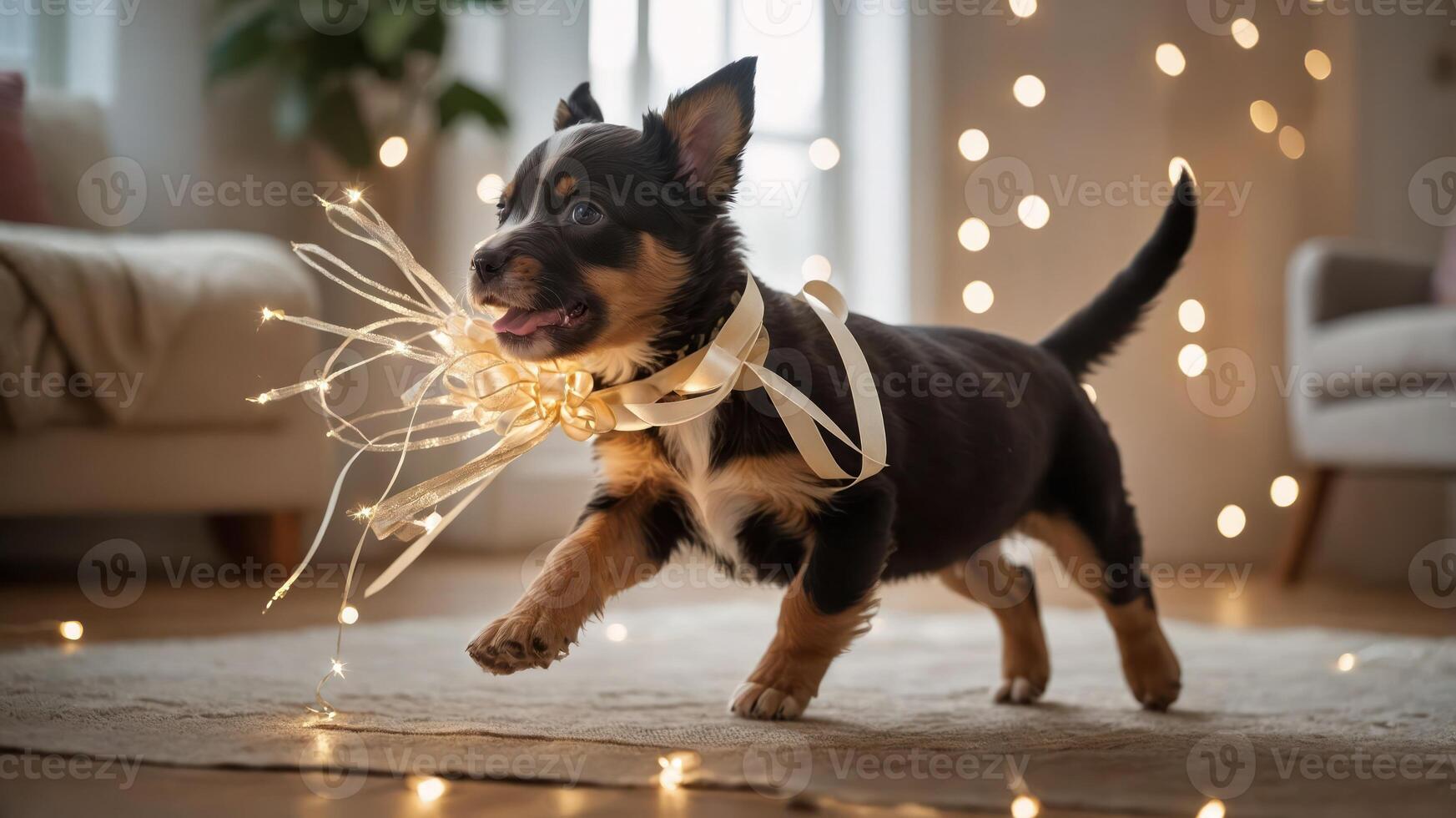 A playful puppy adorned with festive decorations runs joyfully in a cozy, decorated room. photo