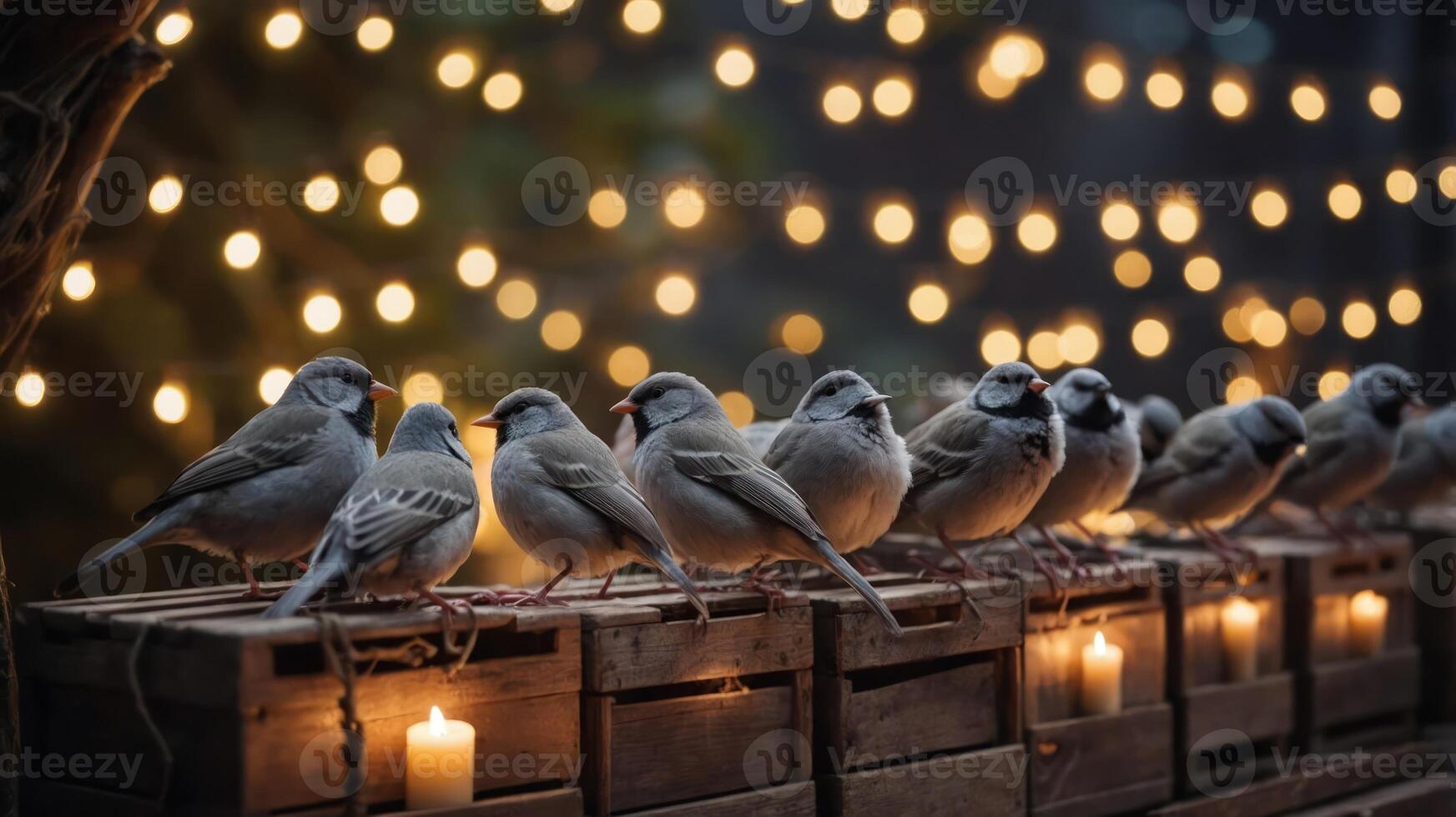 A serene scene of birds perched on crates with soft candlelight and fairy lights in the background. photo