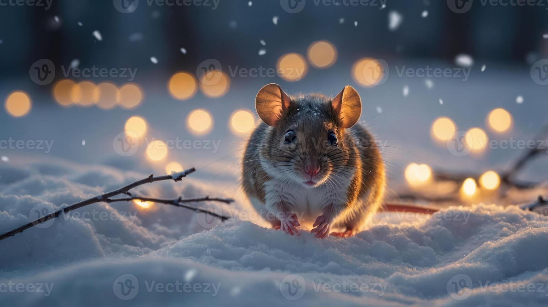 A charming mouse in the snow surrounded by soft glowing lights creates a whimsical winter scene. photo