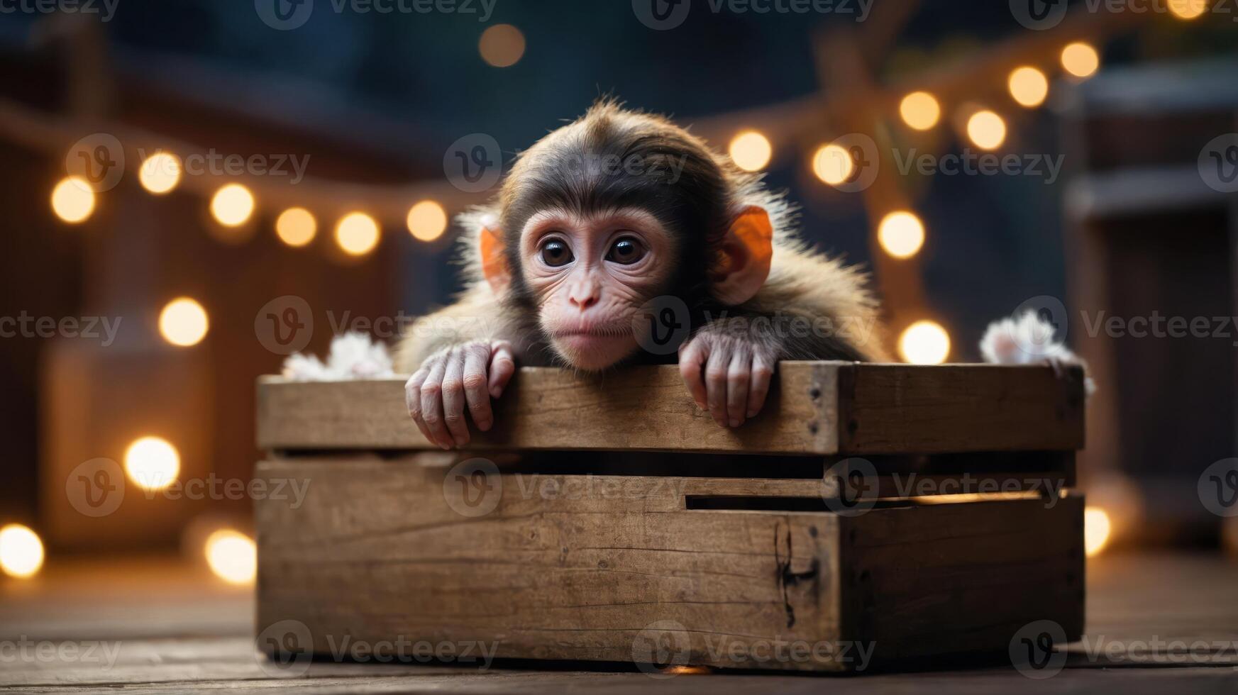 A young monkey peeks out from a wooden crate surrounded by soft lighting. photo