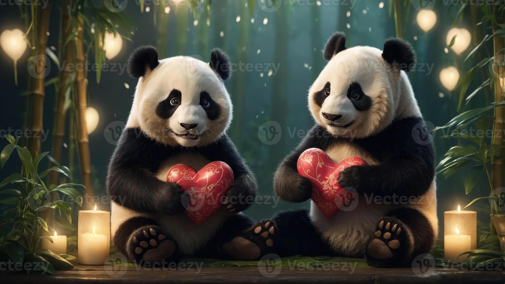 Two pandas holding heart-shaped gifts in a serene bamboo setting with candles. photo