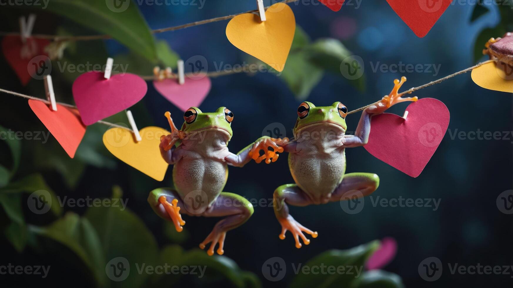 Two frogs hanging on a string with colorful heart cutouts, symbolizing love and connection. photo