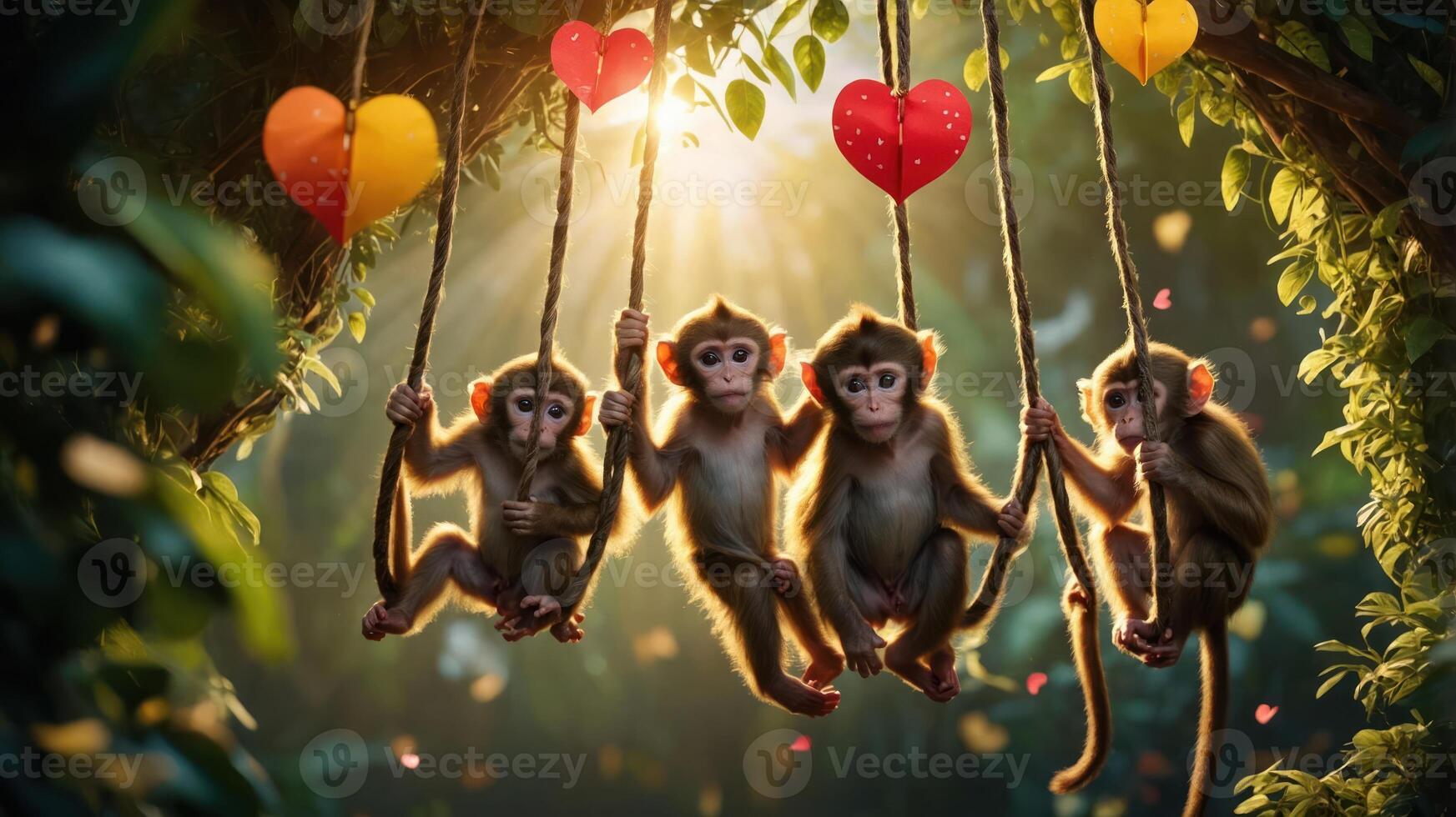 Four monkeys swinging on ropes with heart decorations in a lush forest setting. photo
