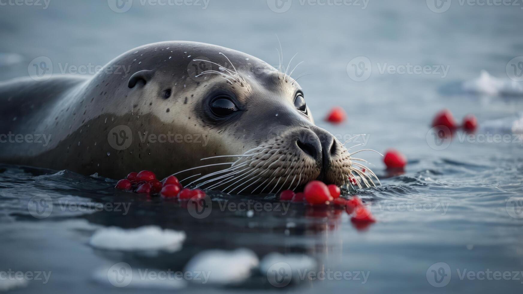 A seal floats in water surrounded by red berries, creating a serene wildlife scene. photo