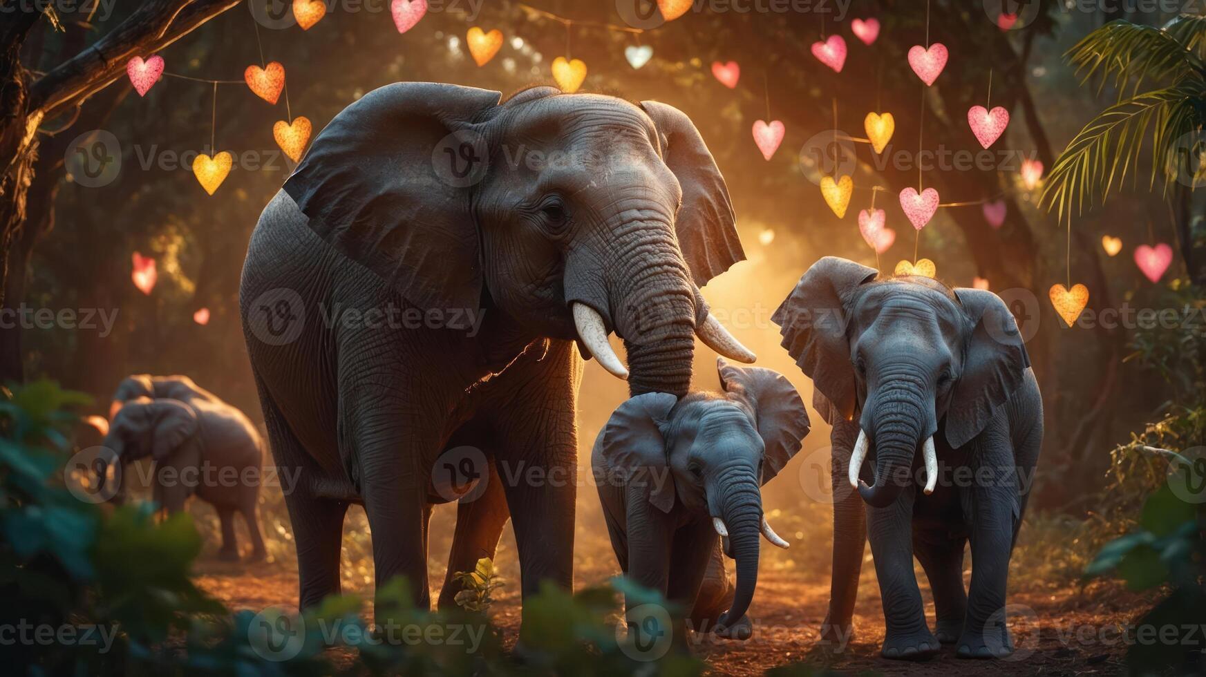 A serene scene of elephants in a forest adorned with heart-shaped decorations. photo