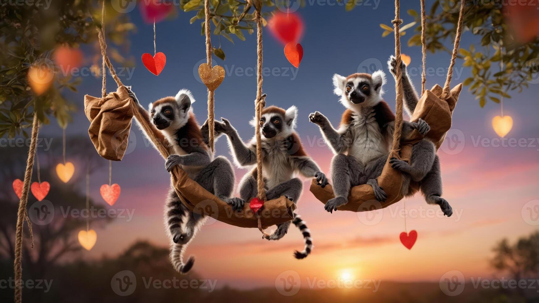 Three playful lemurs swinging in a sunset setting adorned with hearts. photo