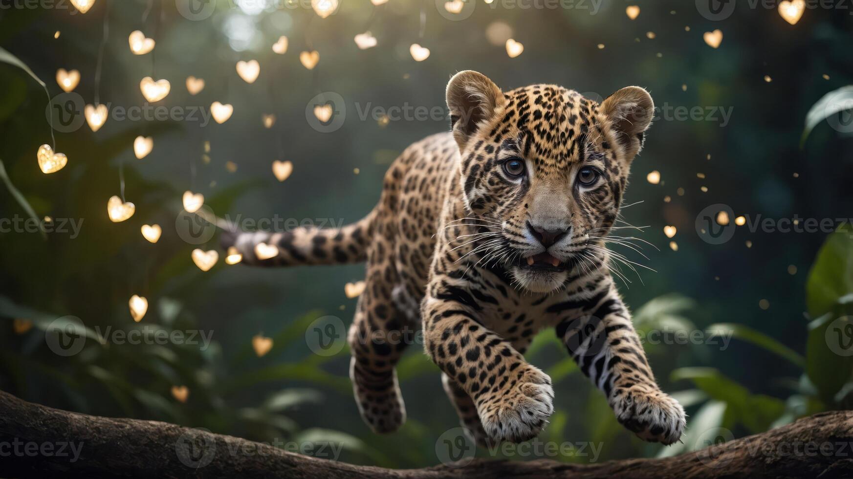 A leopard cub leaps through a lush jungle, surrounded by floating heart-shaped lights. photo