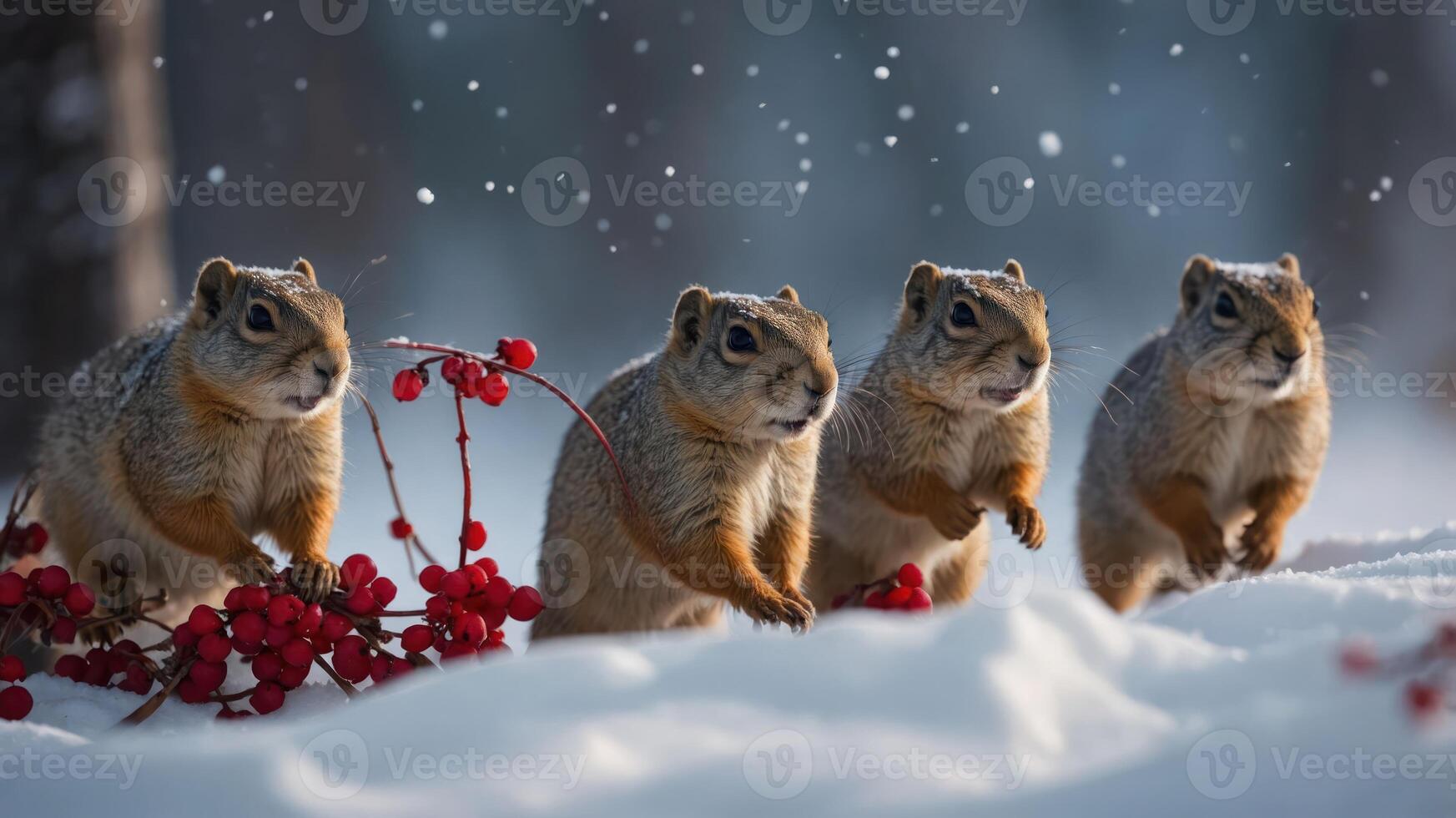 A group of playful squirrels running through snowy terrain with red berries. photo