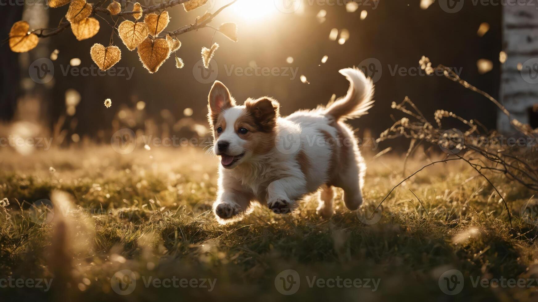 A playful puppy runs joyfully through a sunlit field, surrounded by autumn leaves. photo