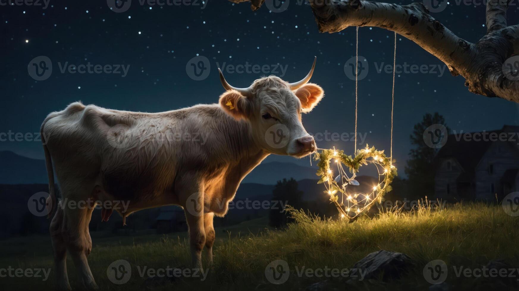 A cow stands under a starry sky, with a glowing heart decoration hanging from a tree. photo
