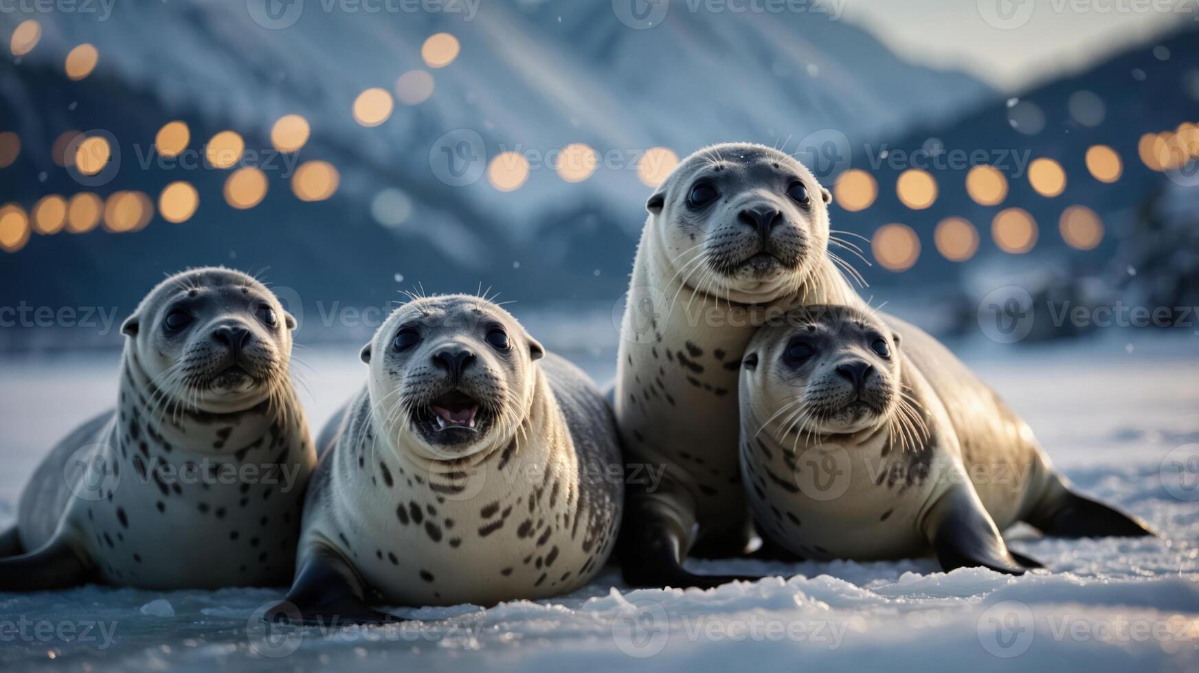 Four seals lounging on ice with a blurred background of lights and mountains. photo