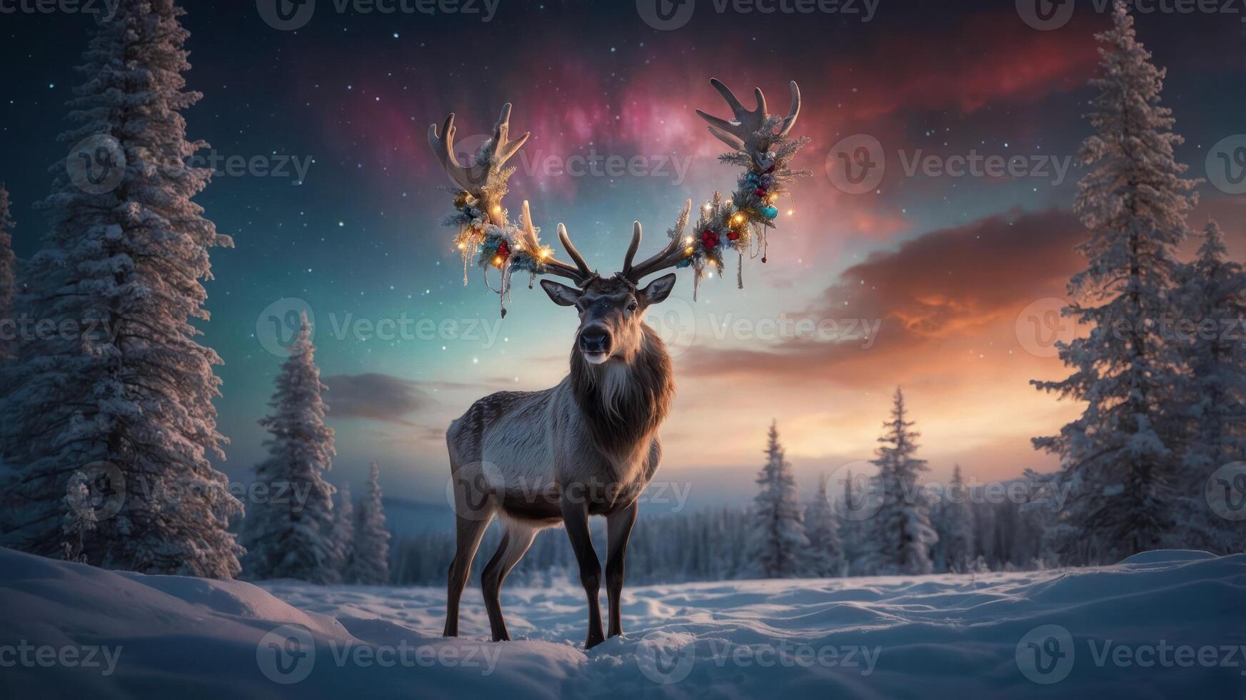 A majestic reindeer adorned with colorful lights stands in a snowy landscape under a starry sky. photo