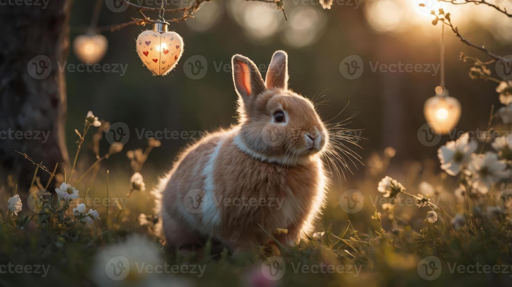A cute rabbit in a serene setting with heart-shaped decorations and flowers at sunset. photo