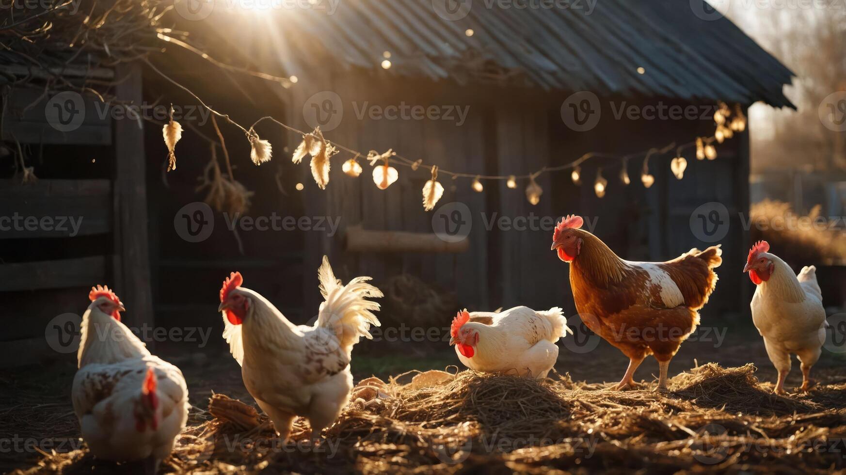 A serene farm scene featuring chickens in golden sunlight near a rustic barn. photo