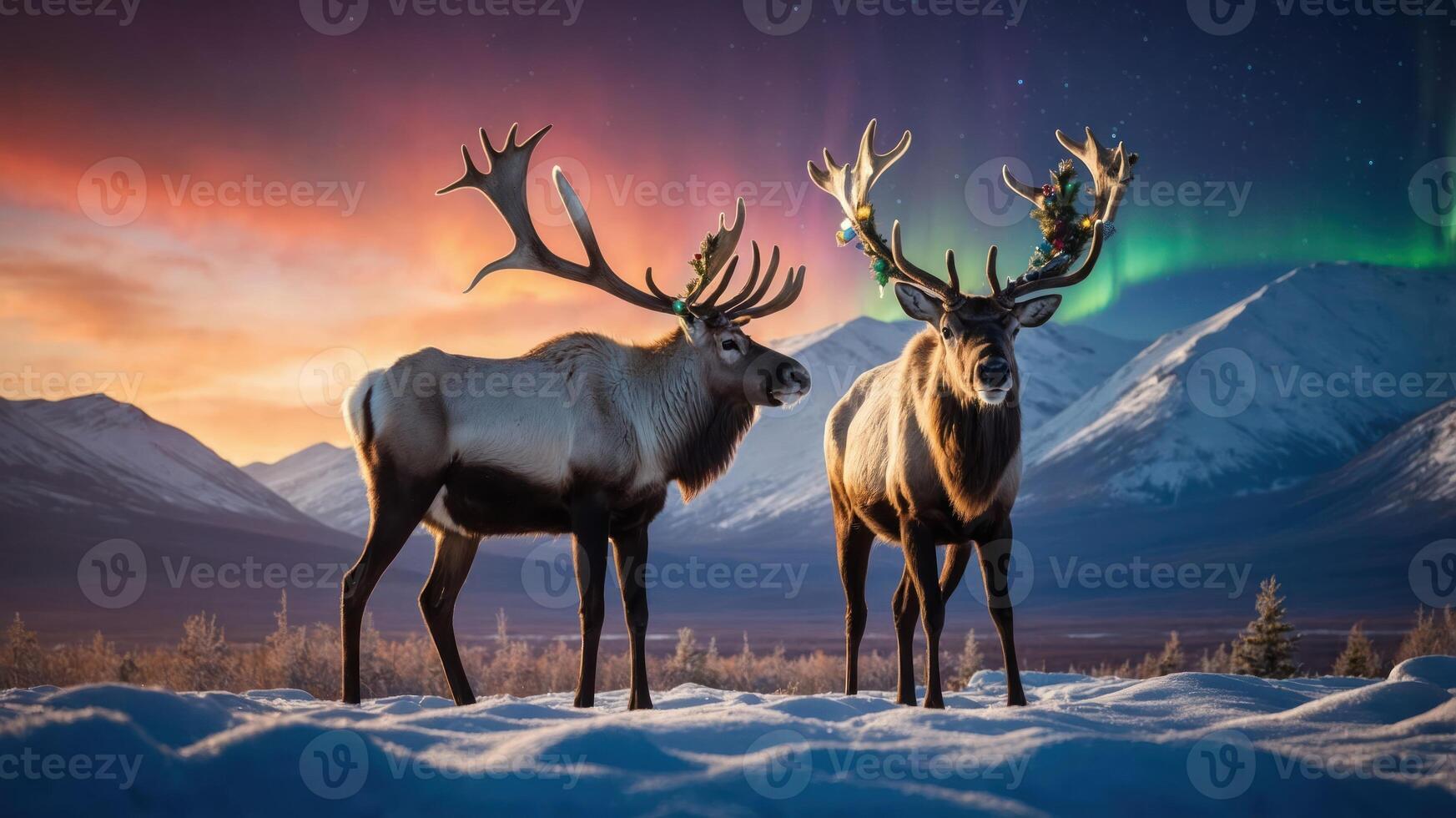 Two reindeer stand in a snowy landscape under a colorful aurora borealis. photo