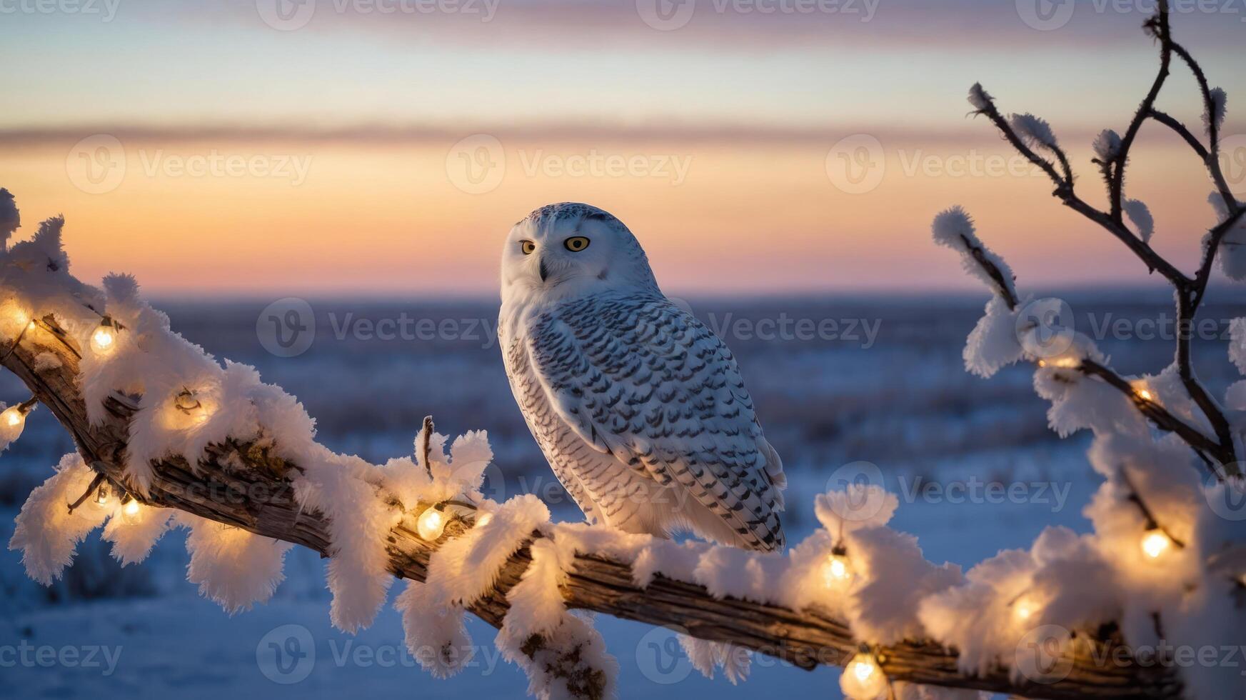 A snowy owl perched on a branch adorned with lights against a colorful sunset backdrop. photo