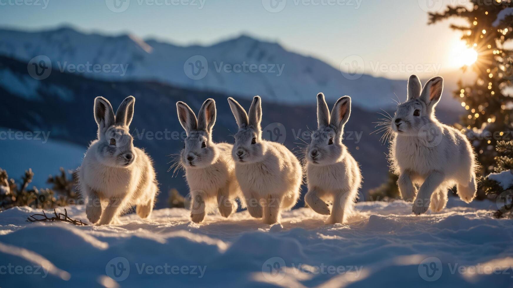 Five rabbits running through snow at sunset in a mountainous landscape. photo