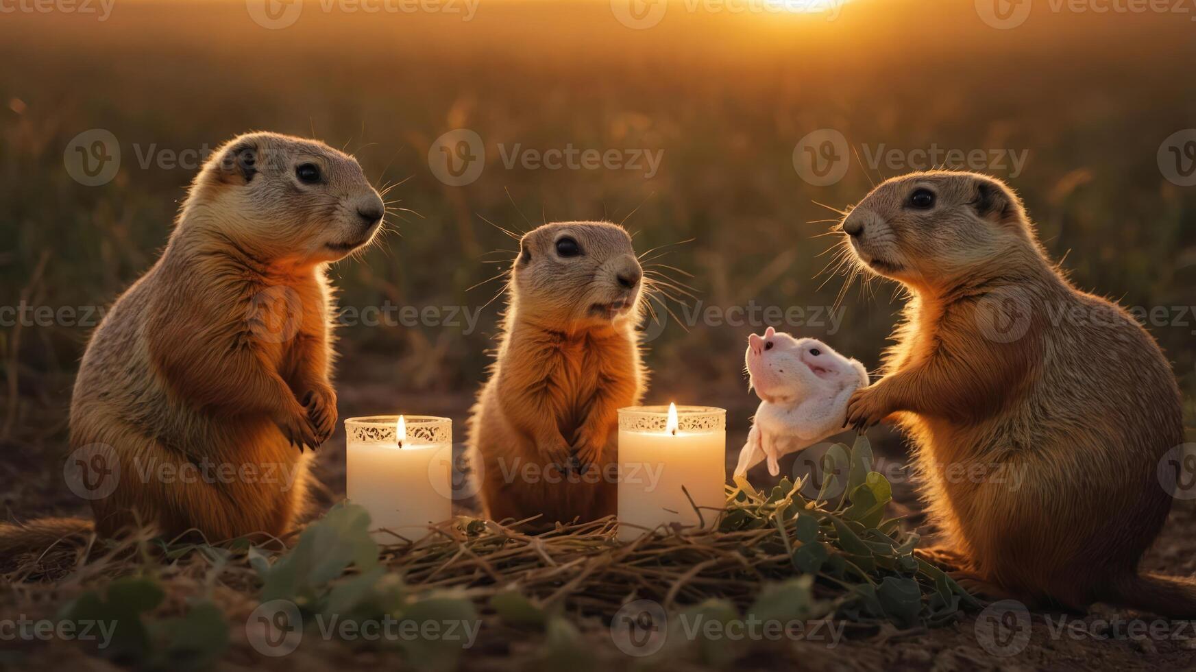 Three prairie dogs gather around candles, holding a small white animal at sunset. photo