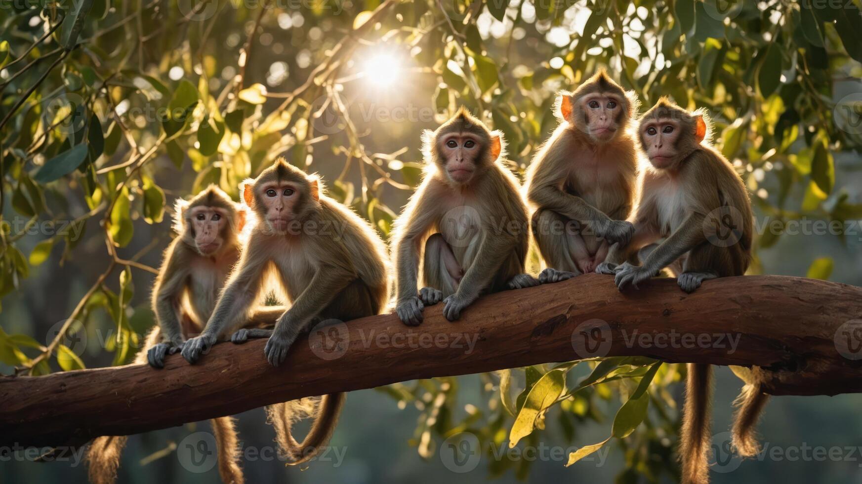Five monkeys sitting on a branch, illuminated by sunlight through leaves. photo
