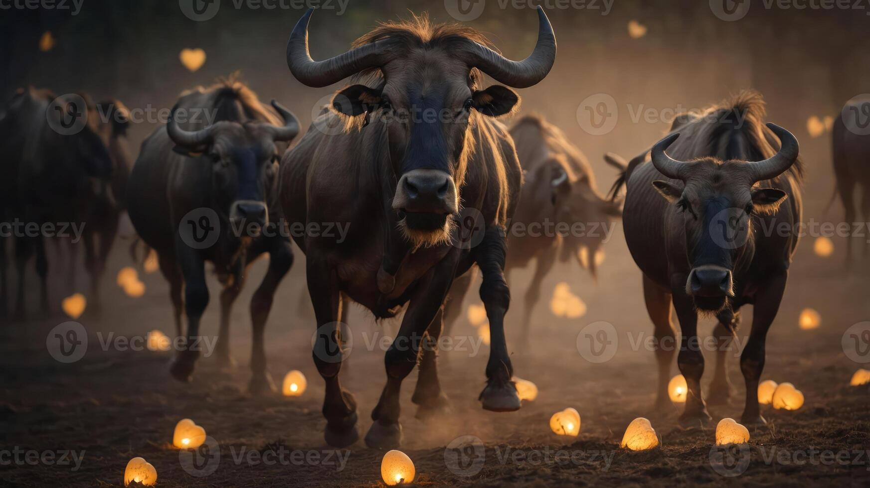 A herd of buffalo walking through a misty landscape illuminated by glowing lights. photo