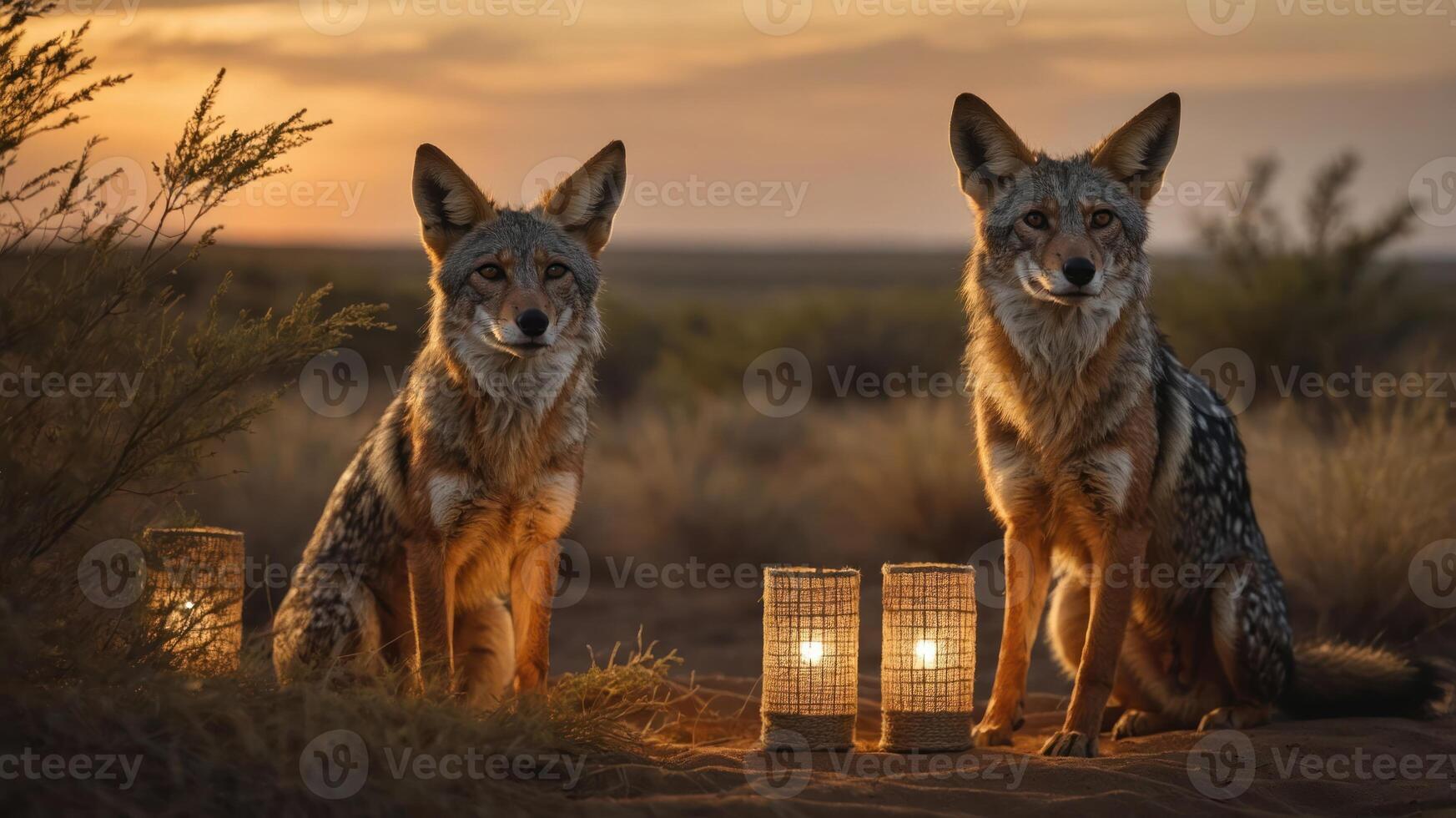Two coyotes sit in a desert landscape at sunset, illuminated by glowing lanterns. photo