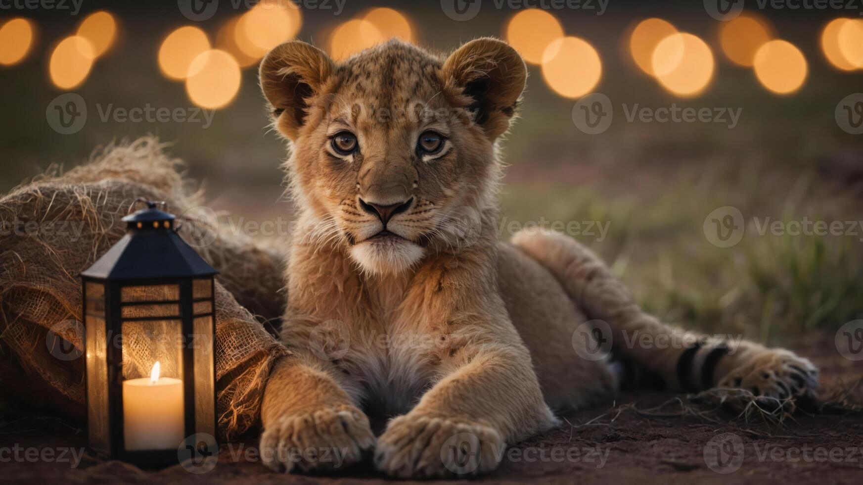 A young lion cub rests beside a lantern, illuminated by soft bokeh lights in the background. photo