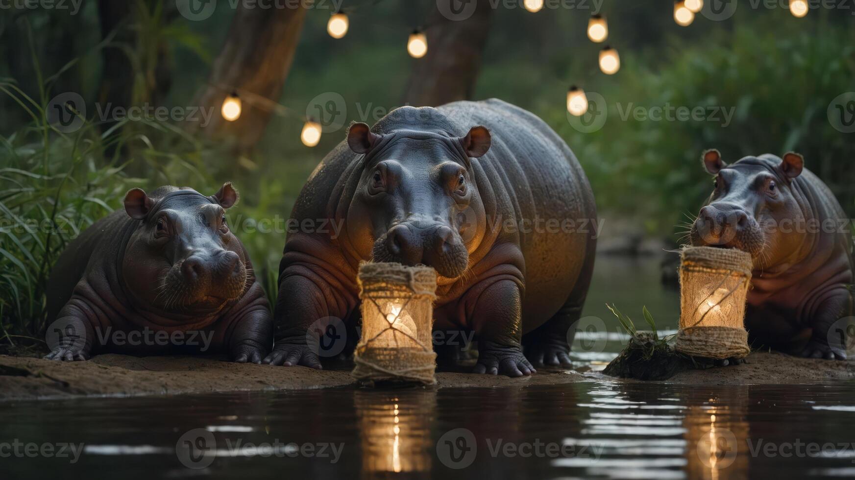 Three hippos by a river holding lanterns, illuminated by string lights in a serene setting. photo
